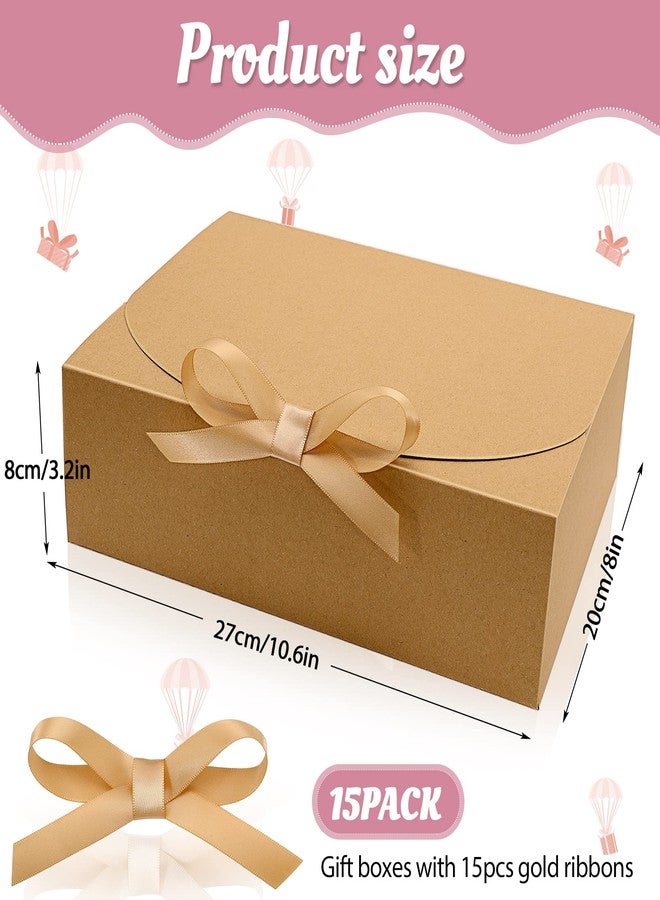 PLMMOUT 15 Pcs Gift Boxes with Lids,Bridesmaid Proposal Box with Ribbon,Brown Kraft Paper Gift Boxes Bulk for Wedding Packaging Present Birthday Crafting Party,10.6x8x3.2 Inch(Brown) - Image 2